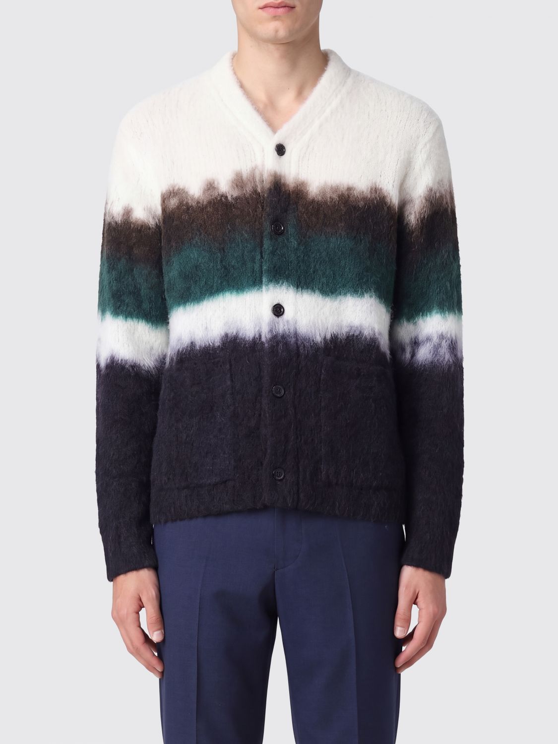 SACAI Multicolour Striped Wool Cardigan with V-Neck and Patch Pockets