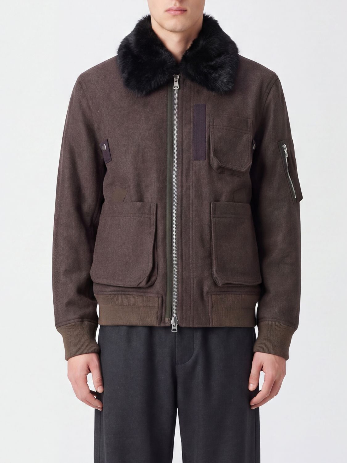 Sacai Fur-Collar Wool Bomber Jacket with Patch Pockets