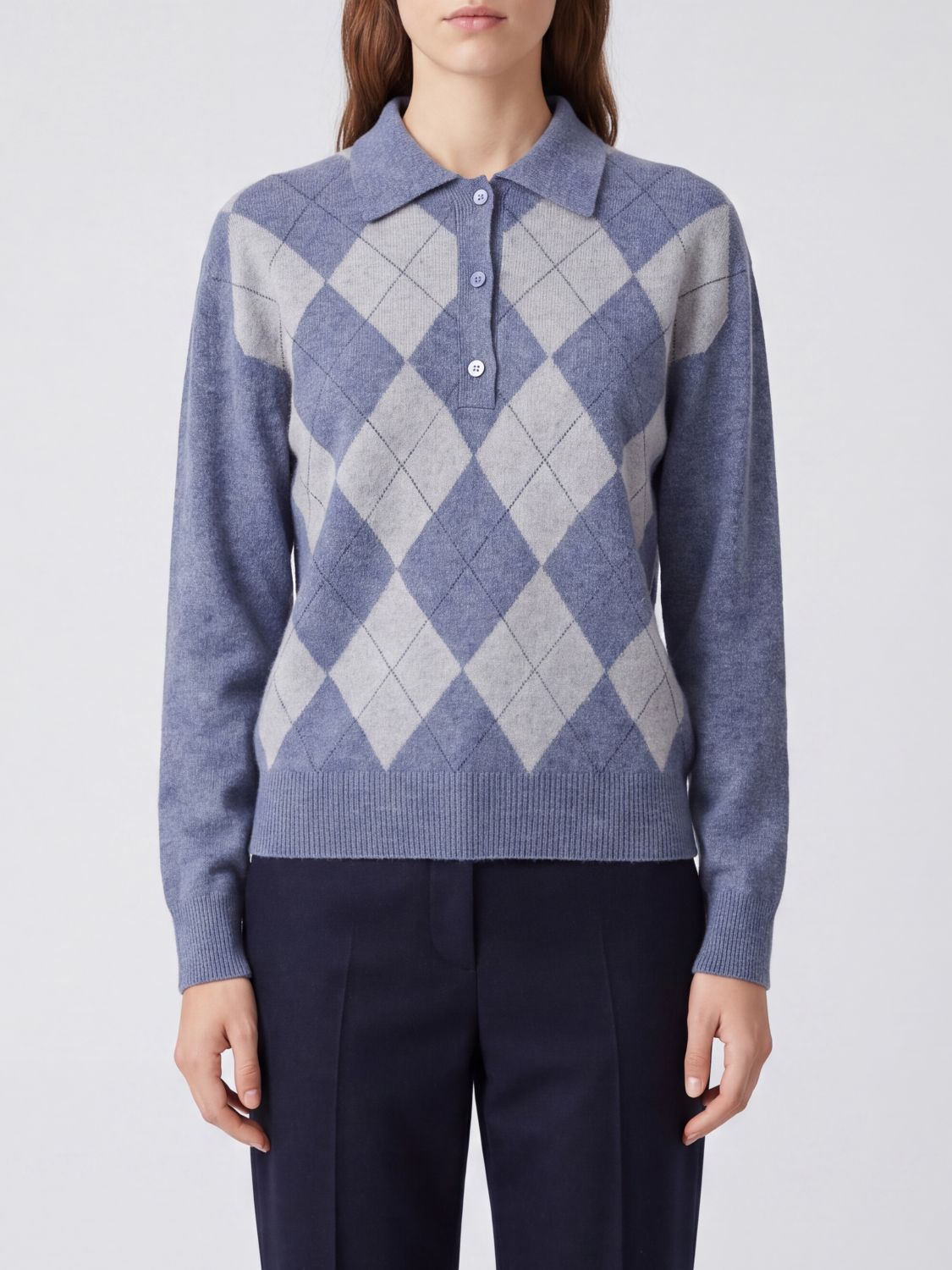 ROHE Argyle Long-Sleeved Knit Polo in a Wool and Silk Blend