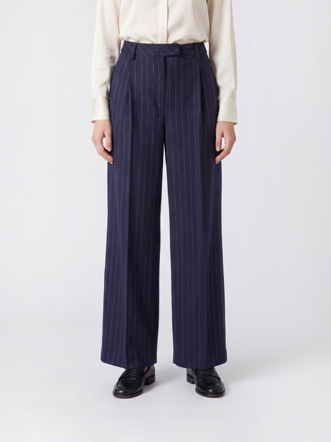 Thelatest Deva High-Waisted Pinstriped Wide-Leg Trousers in Wool Blend