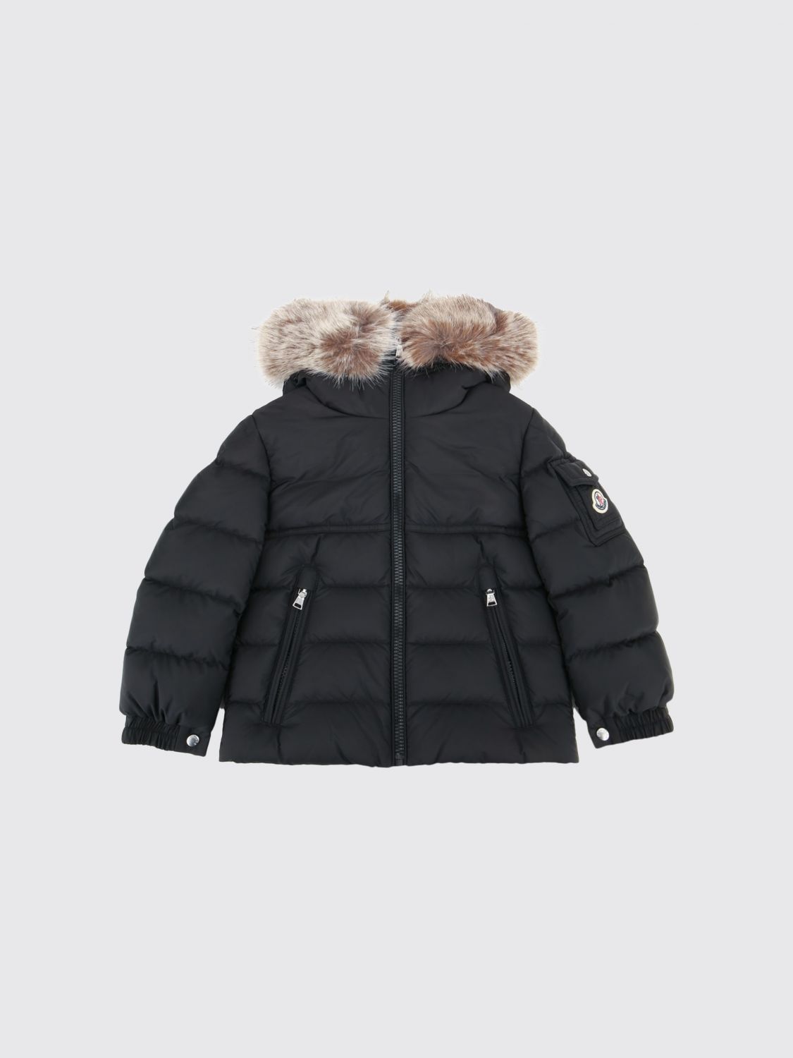 MONCLER Kurze gesteppte Daunenjacke für Jungen aus Nylon mit Shearling-Kapuze