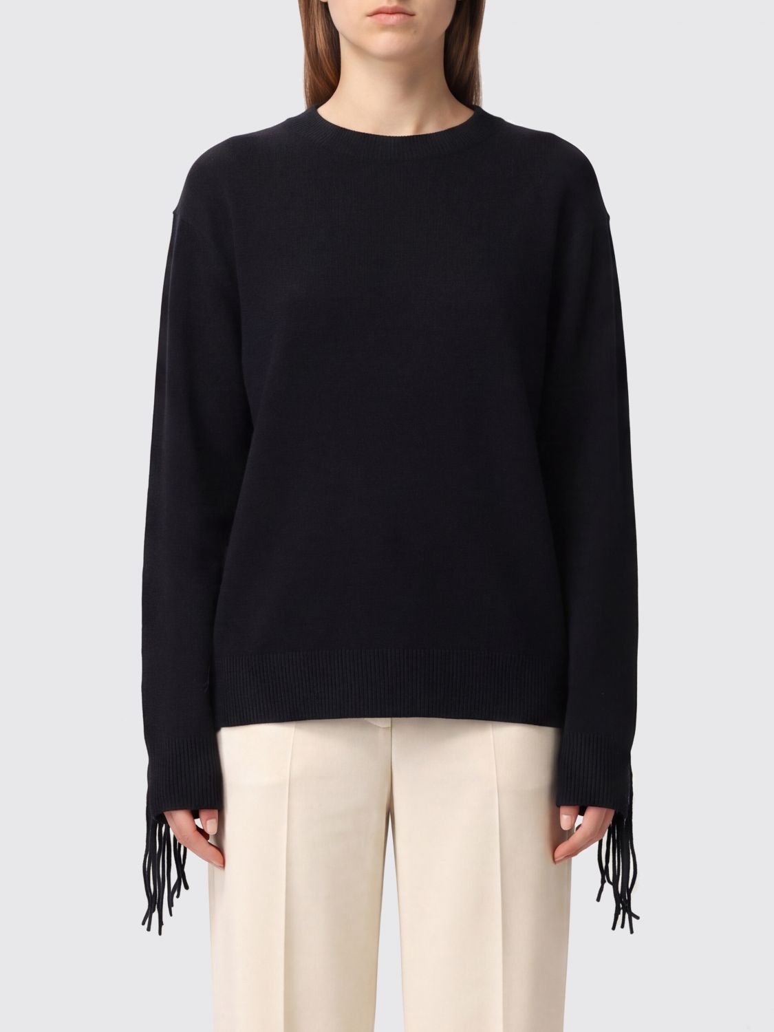 PAROSH P. A.R. O.S. H. Cashmere Crewneck Jumper with Embroidery, Fringes and Dropped Shoulders