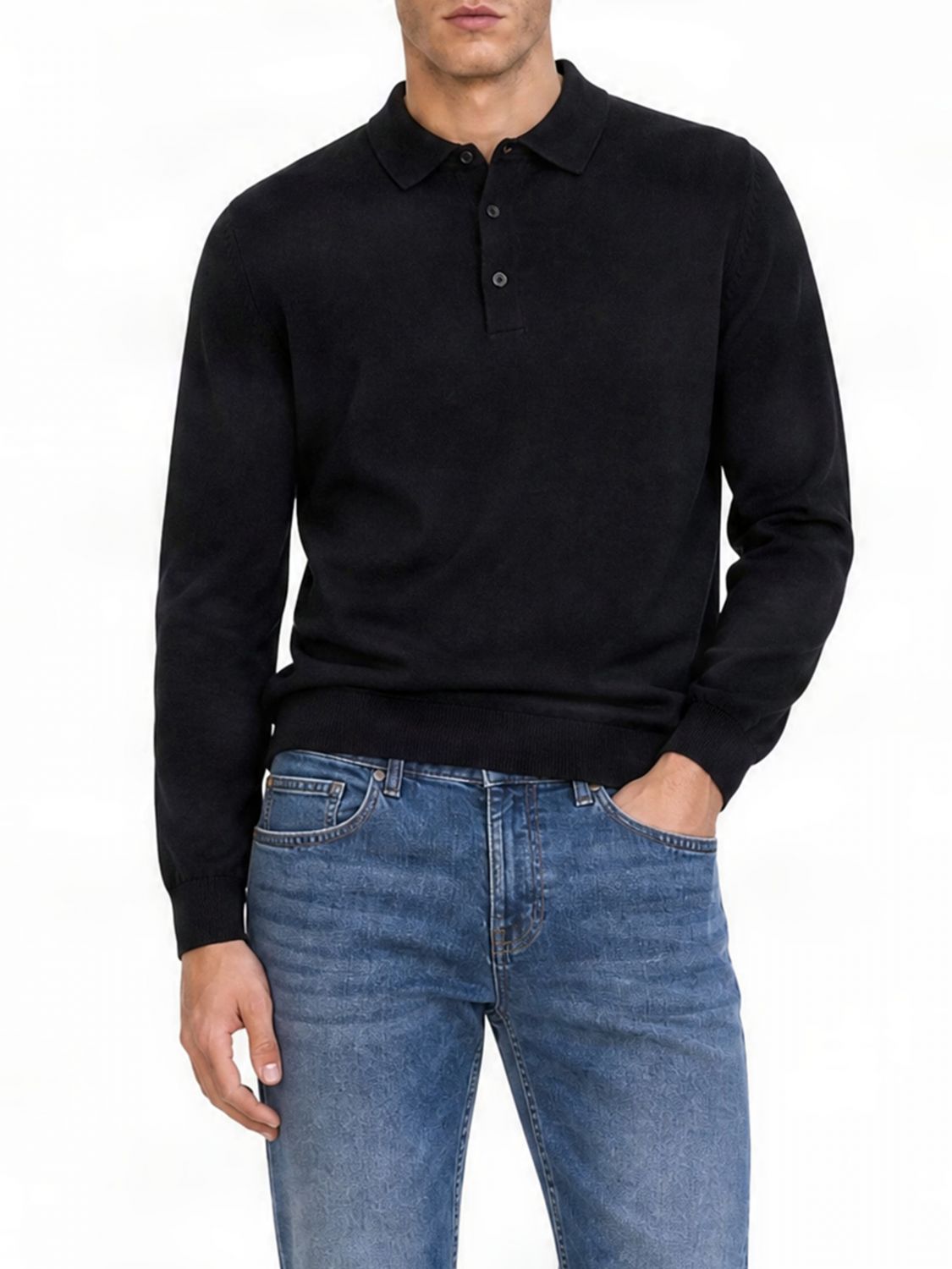 Boss Long-Sleeved Knit Polo Shirt in Pure Virgin Wool