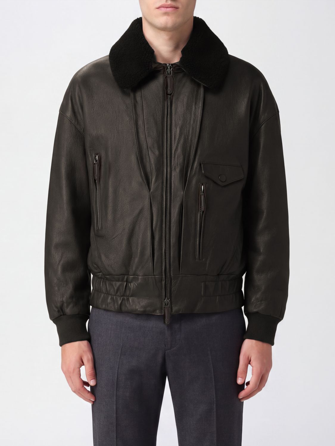 GIORGIO ARMANI Bomberjacke von aus Lammleder mit Fellkragen und elastischem Saum