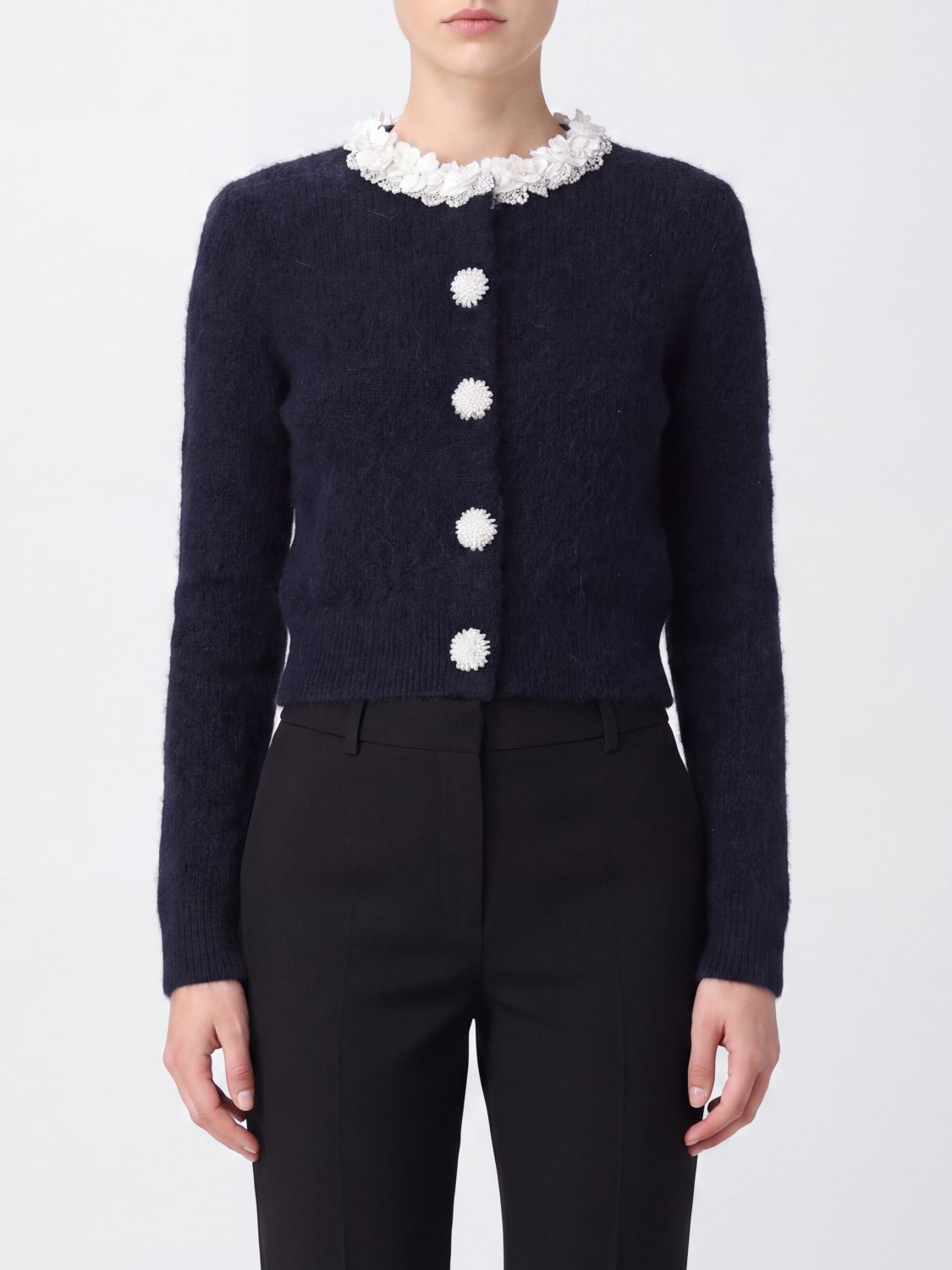 SELF-PORTRAIT Ruffled Alpaca-Blend Cardigan with Jewel Buttons