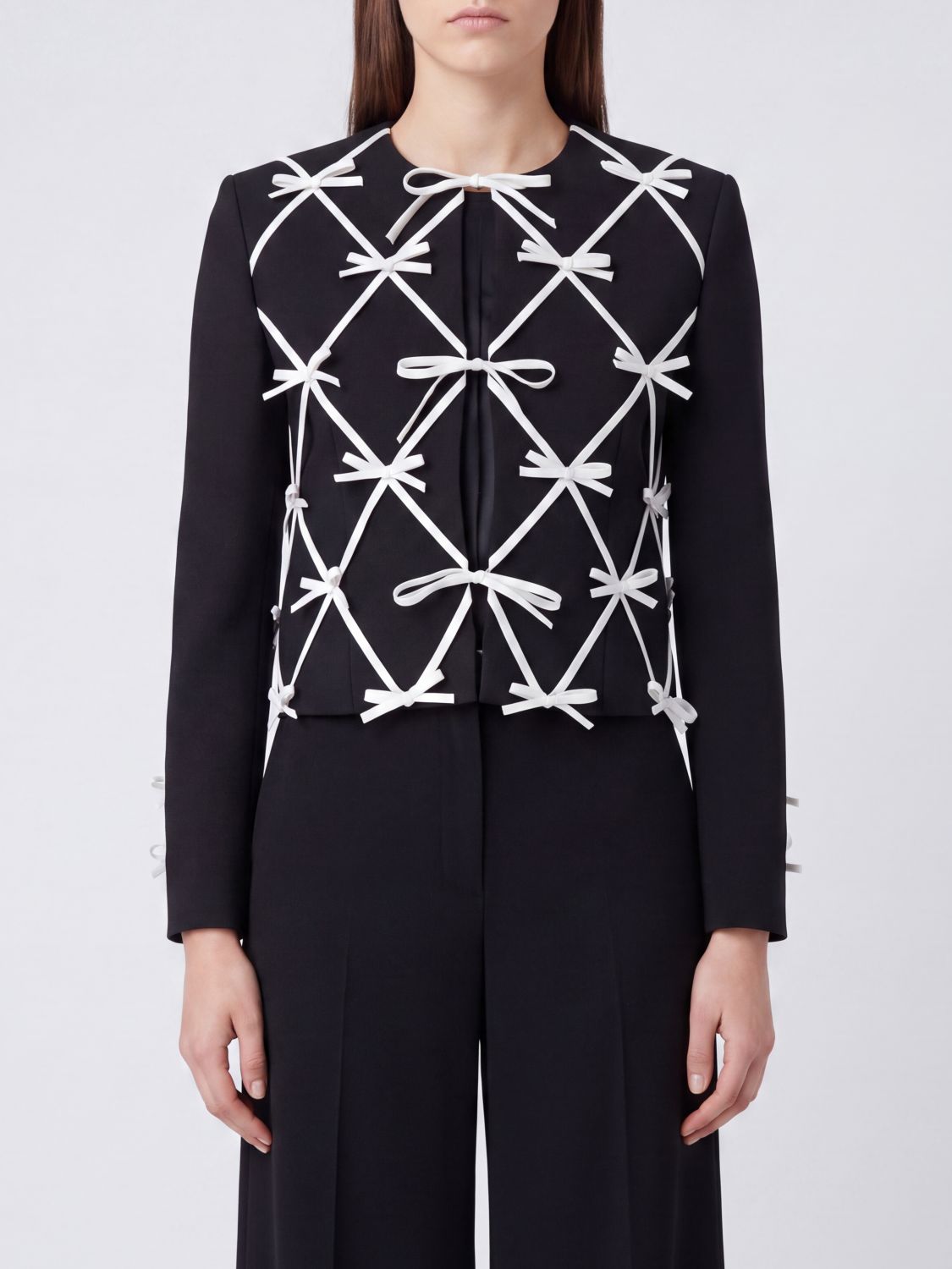 MOSCHINO COUTURE Kurzer Cropped-Blazer mit Rundhalsausschnitt und Schleifen aus Schurwolle