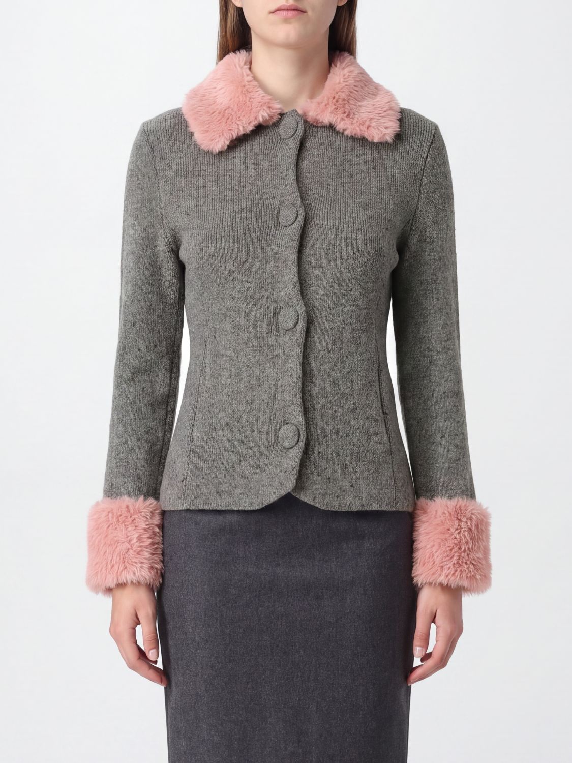 MOSCHINO COUTURE Slim Fit Wool Blend Cardigan with Fur Collar and Cuffs