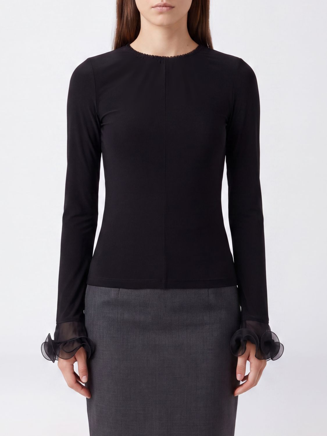 MOSCHINO COUTURE Slim Fit Cupro-Pullover mit Rüschen und ausgestellten Bündchen