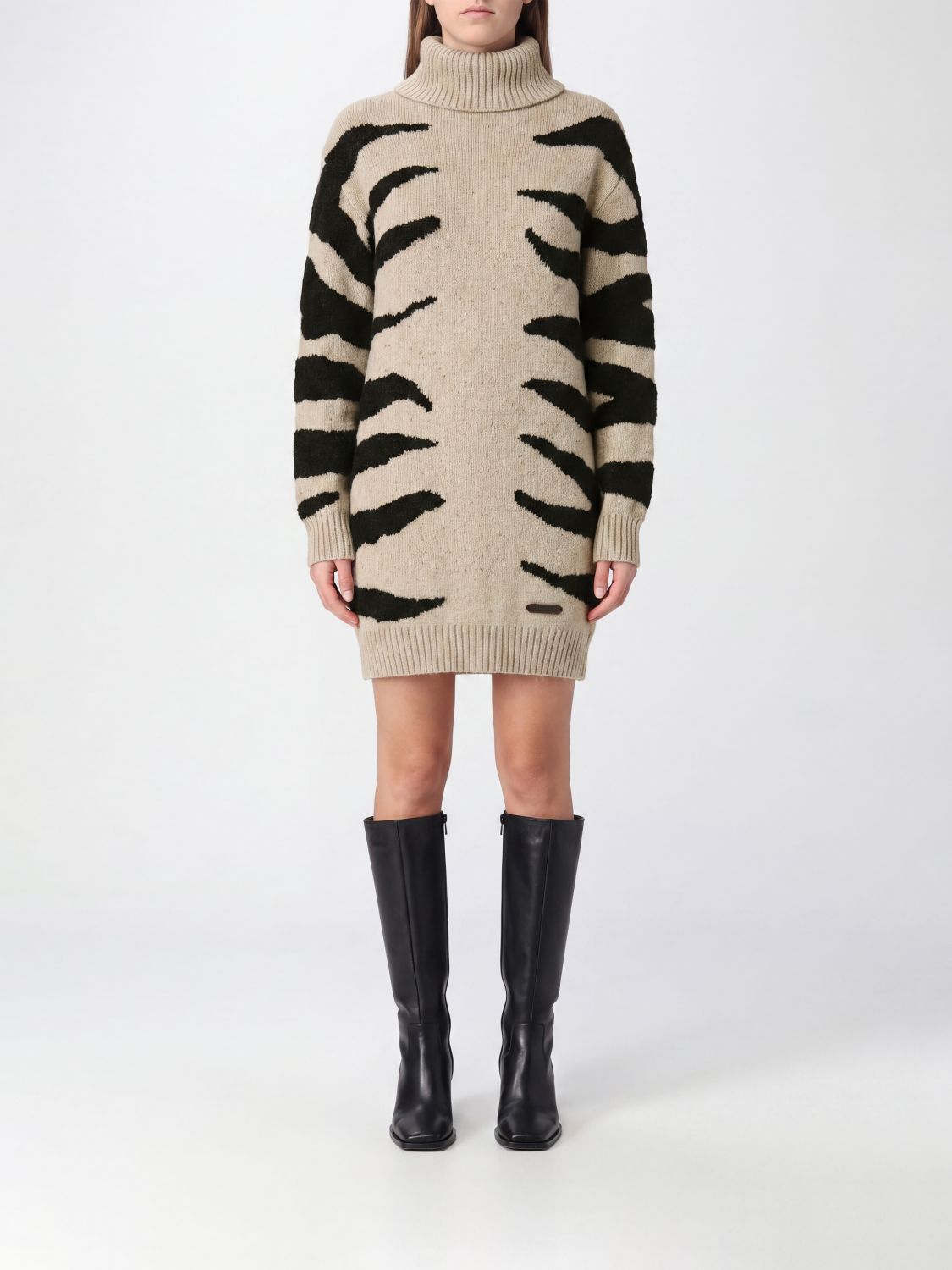 MOSCHINO COUTURE Rollkragen-Pulloverkleid aus Wollmischung mit Zebramuster