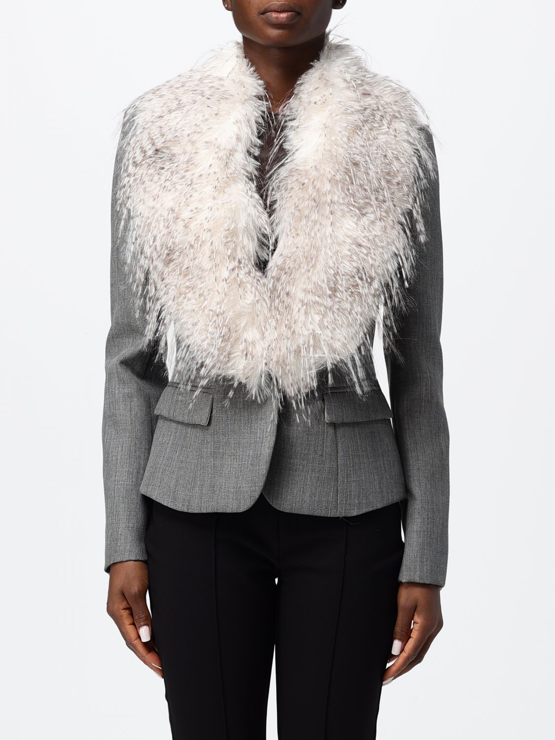 ELISABETTA FRANCHI Blazer slim fit in lana vergine con collo in pelliccia
