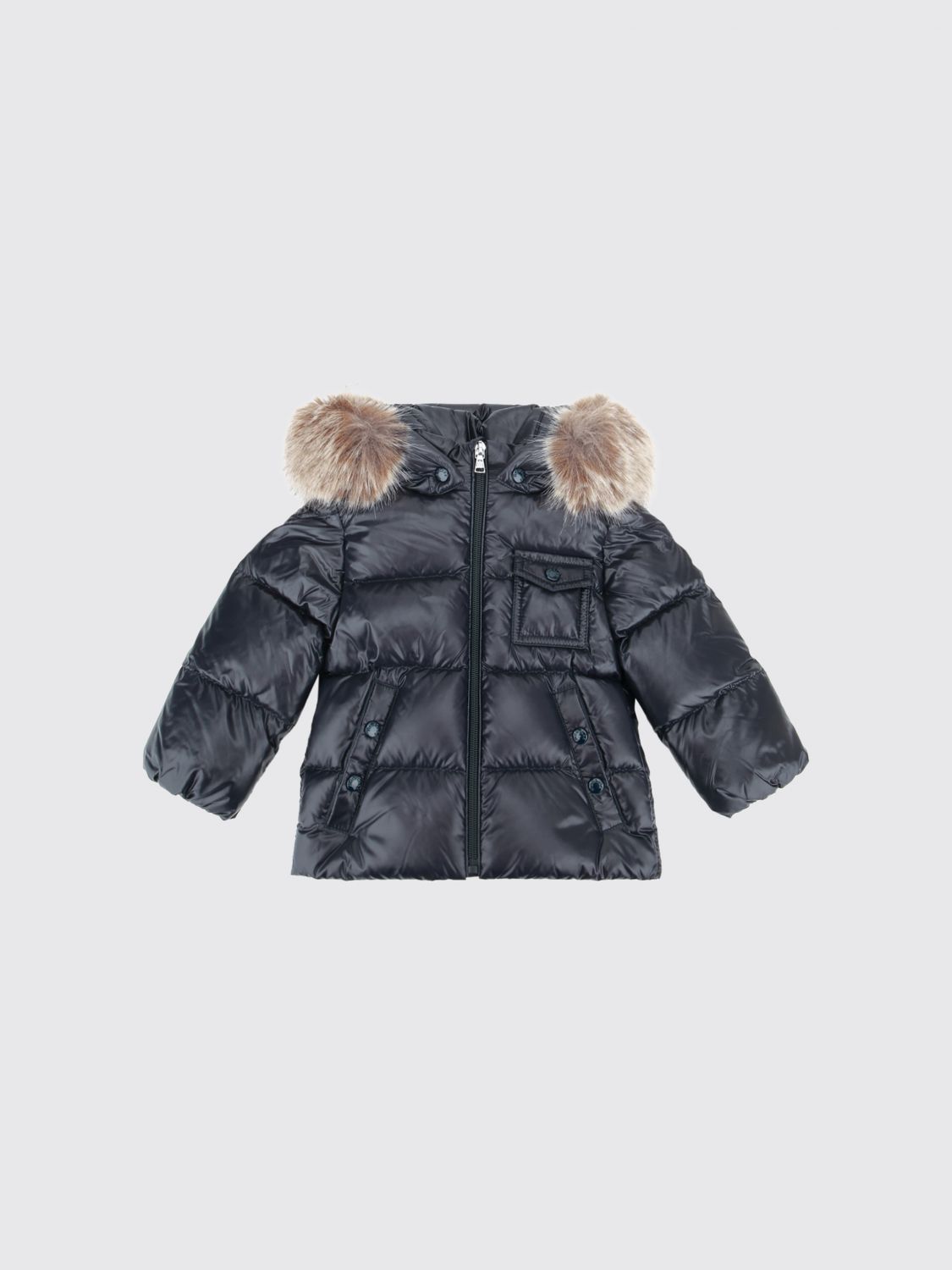 MONCLER Nylon-Daunenjacke für Jungen mit Shearling-Kapuze und Pattentaschen
