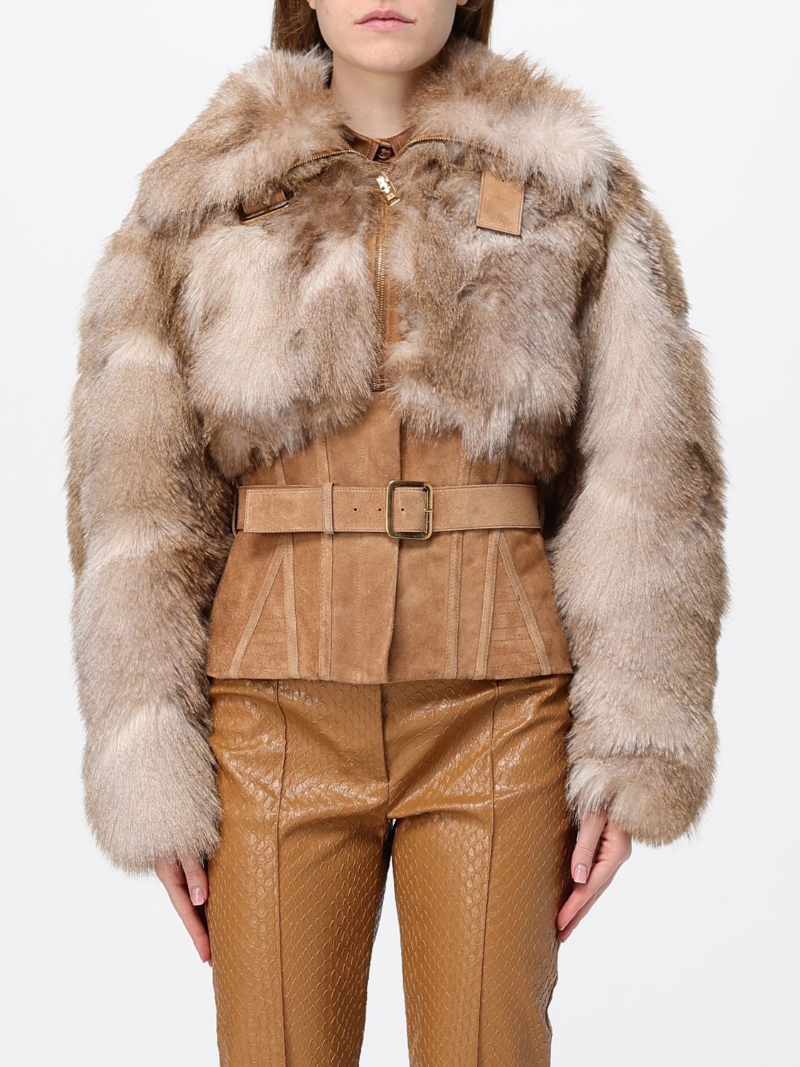 ELISABETTA FRANCHI Short Faux Suede and Faux Fur Jacket with Belt