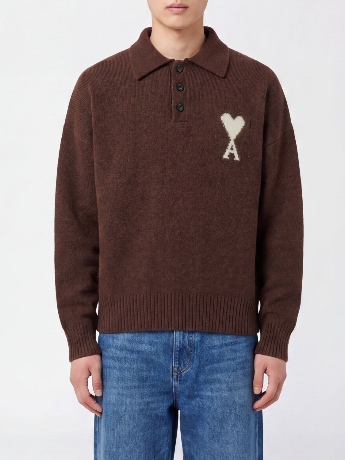 AMI PARIS Langarm-Strickpolo mit Ami de Caur-Jacquard-Logo