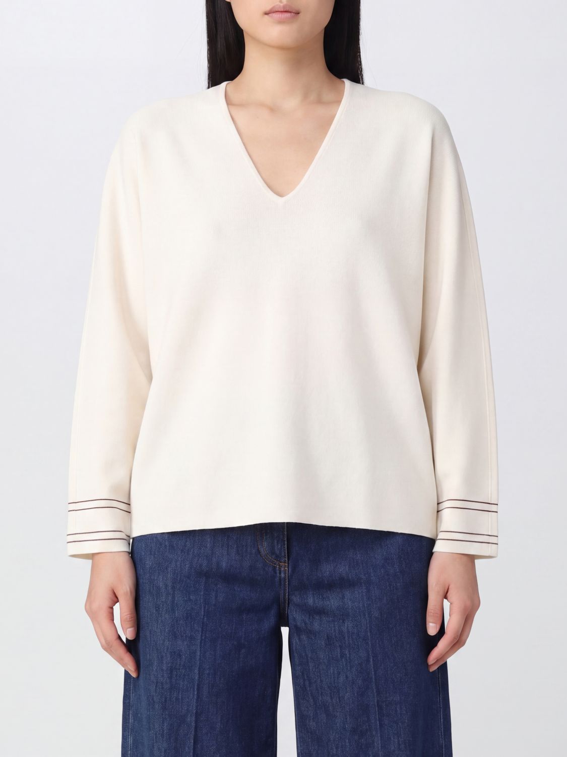 Max Mara V-Neck Relaxed Fit Jumper in Wool Blend with Dropped Shoulders
