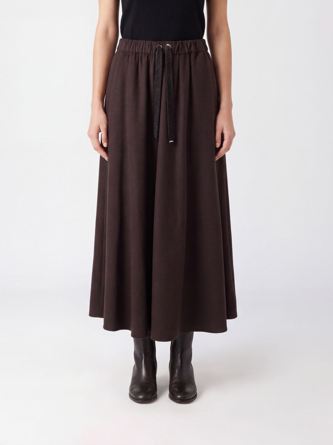 HERNO Flared Wool Blend Knit Midi Skirt with High Waist and Drawstring