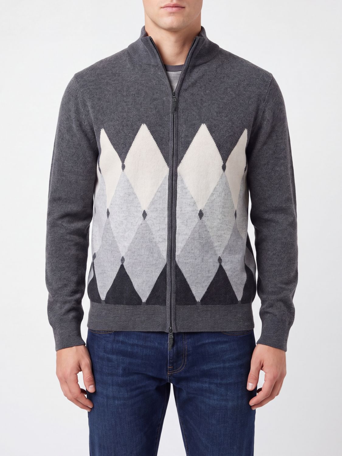 Ballantyne Argyle Pattern 100% Cashmere Zip Cardigan