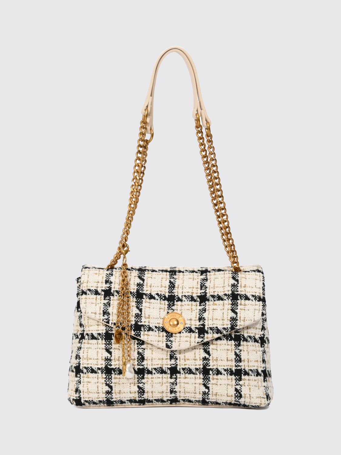 Twinset Check Bouclé Shoulder Bag with Charm and Chain Handle Twinset Check Bouclé Shoulder Bag with Charm and Chain Handle
