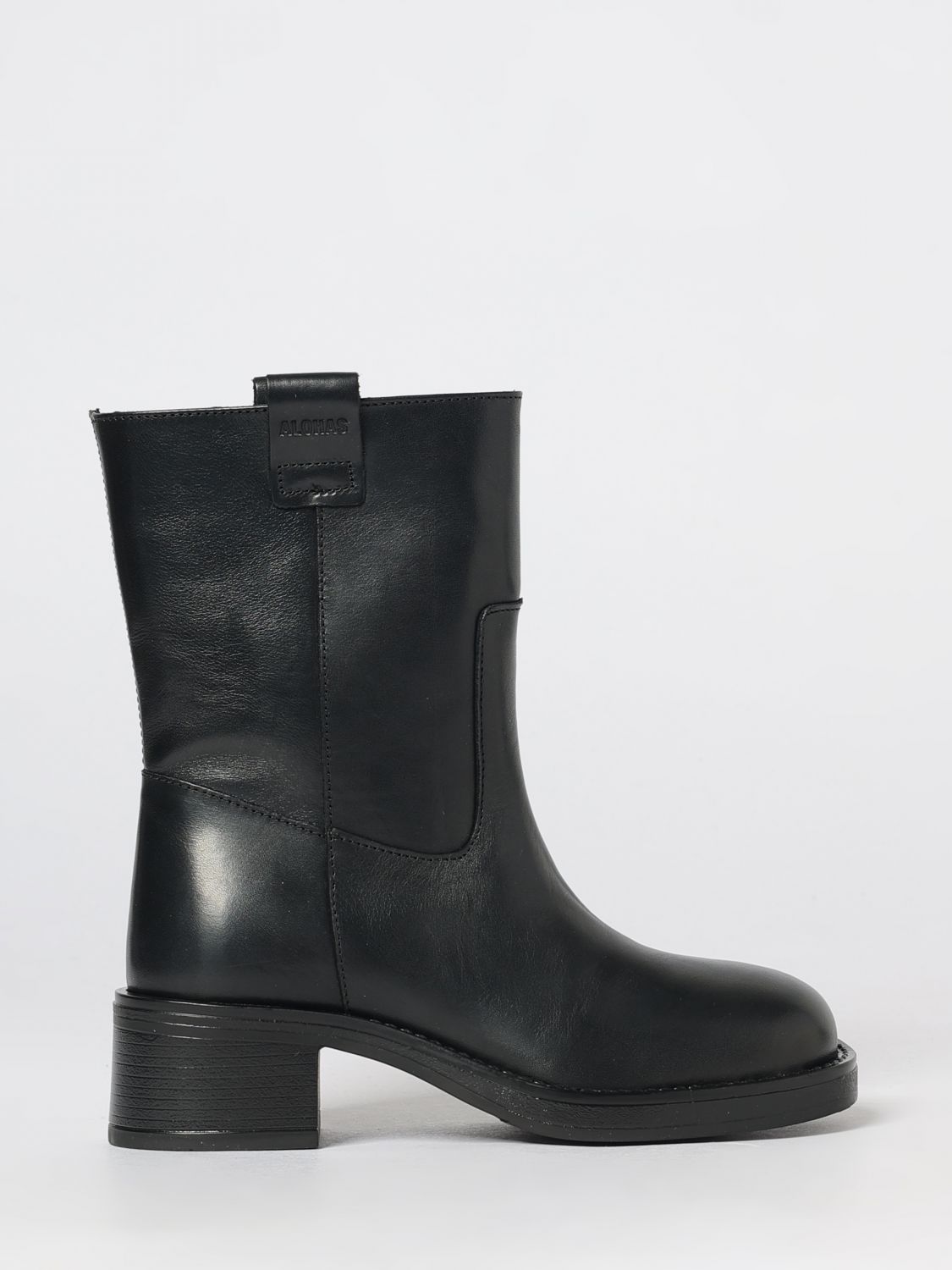 ALOHAS Smooth Leather Biker Boots with Double Pull Tabs and Rubber Sole