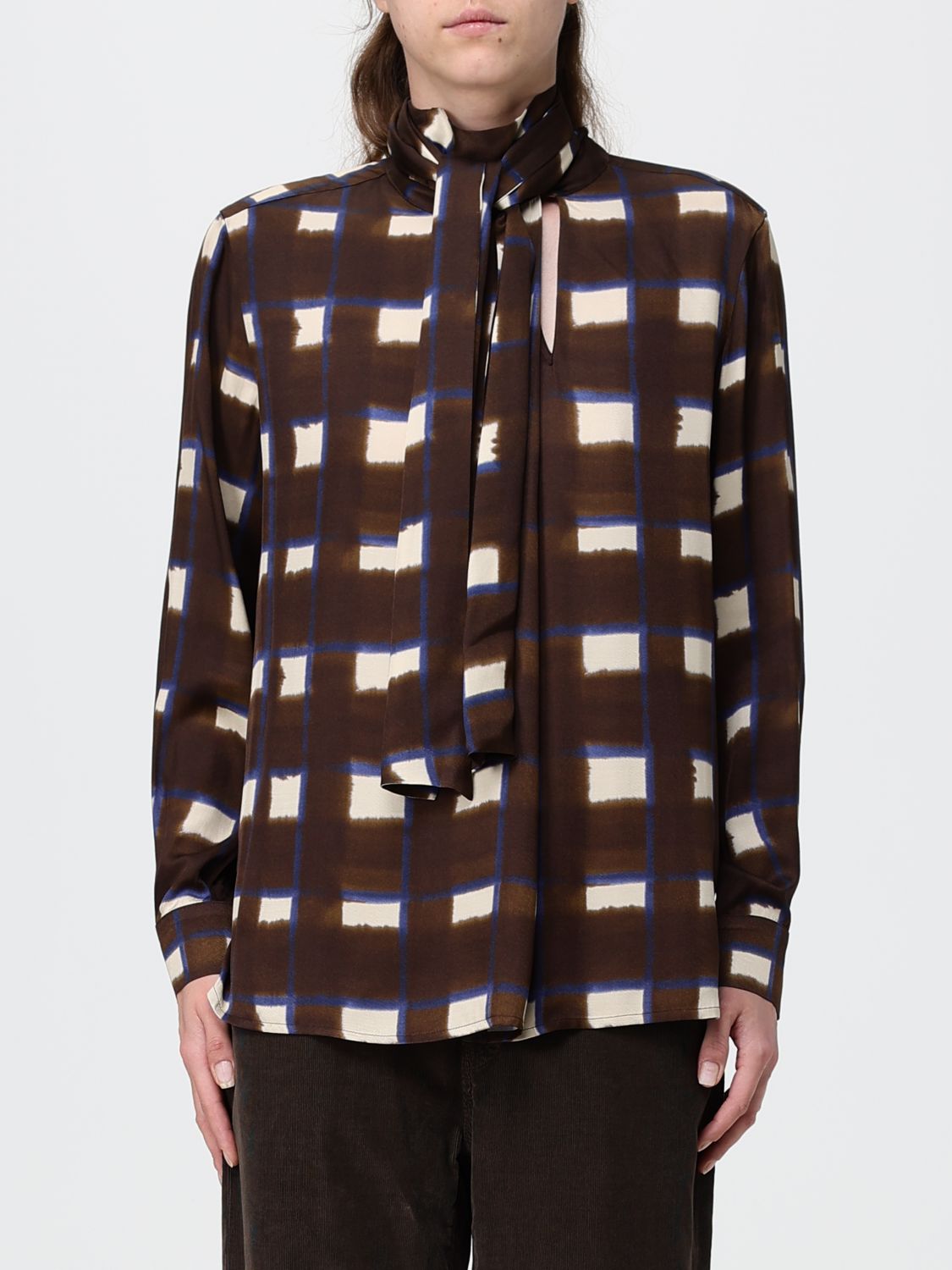 INCOTEX Relaxed Fit Check Viscose Blouse with Scarf Collar