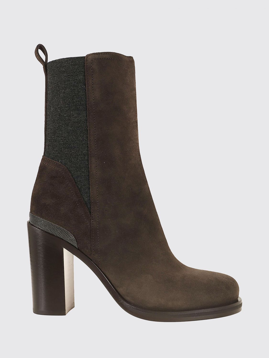Brunello Cucinelli Suede Chelsea Ankle Boots with High Heel and Monili