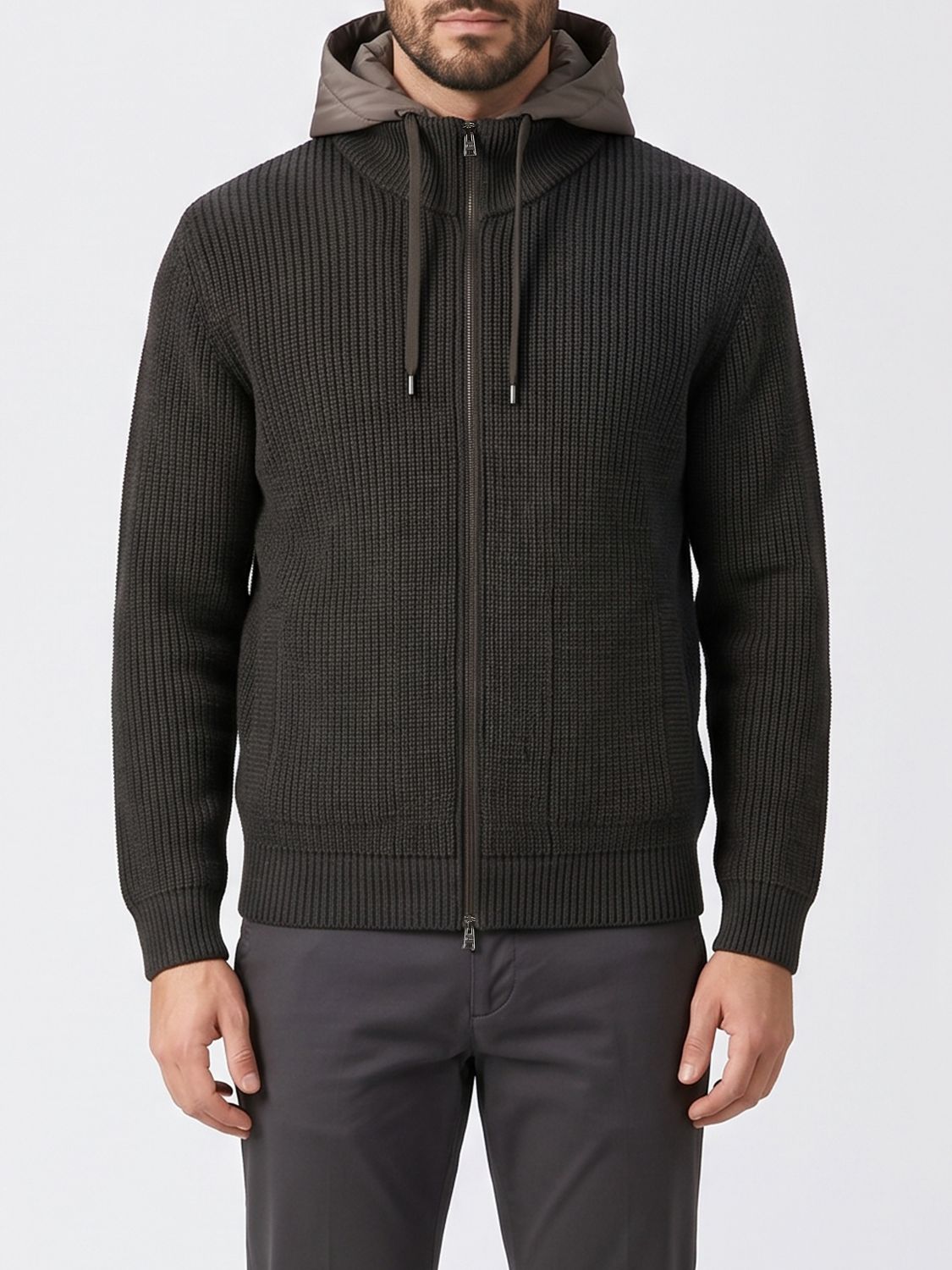 Herno Virgin Wool Cardigan with Nylon Bib and Removable Hood