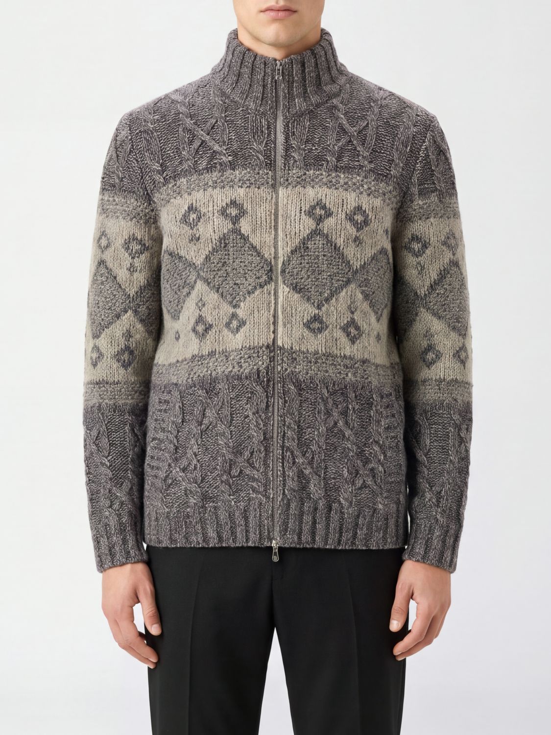 Brunello Cucinelli Geometric Pattern Wool and Cashmere Blend Zipped Cardigan