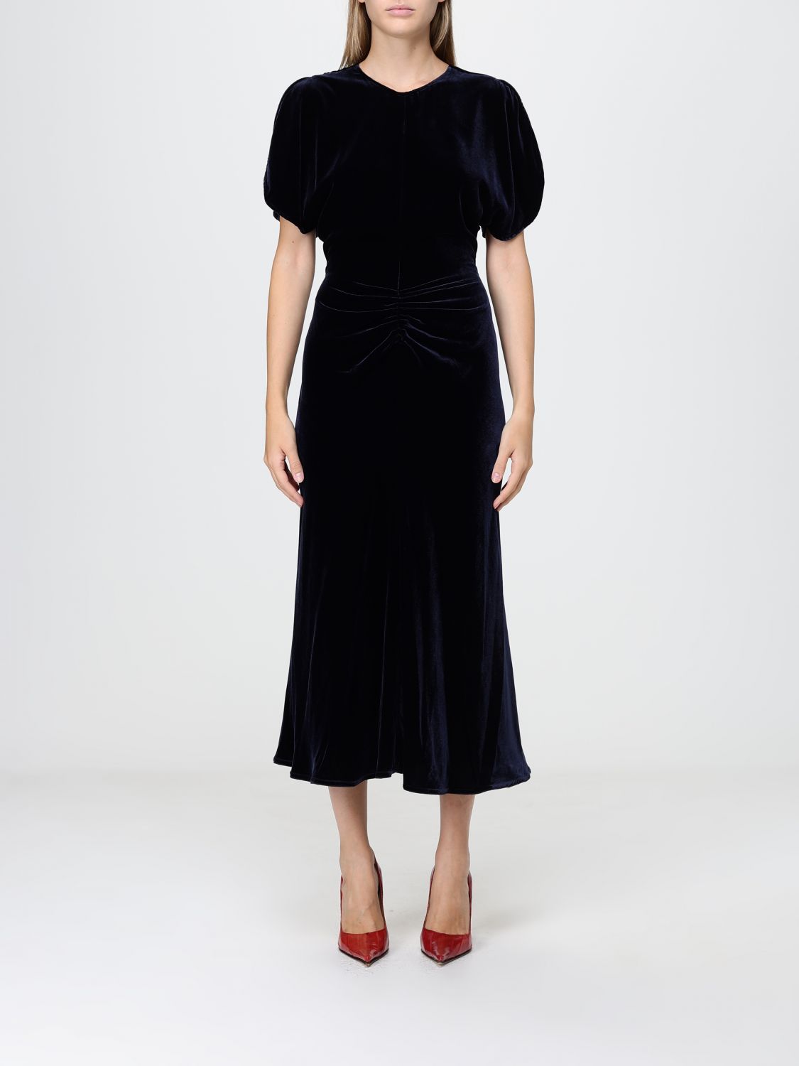 VICTORIA VICTORIA BECKHAM Bela Velvet Midi Sheath Dress with Puff Sleeves