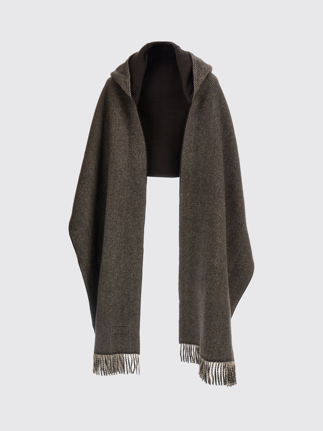 BRUNELLO CUCINELLI Hooded 100% Cashmere Chevron Scarf with Fringed Hem