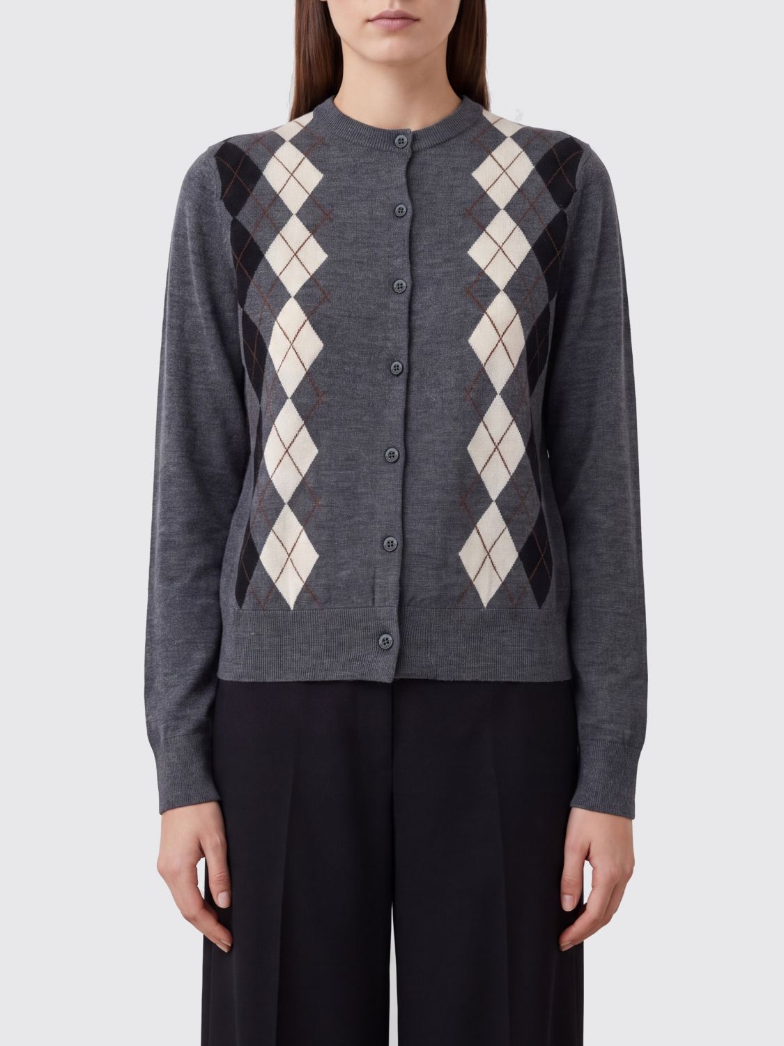 Semicouture Argyle Pattern Virgin Wool Cardigan with Button Closure