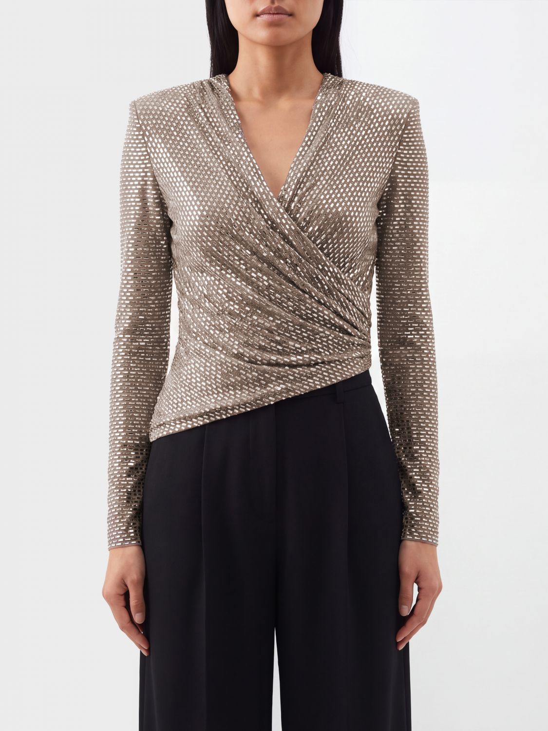 Self-Portrait Asymmetrical Draped Evening Top with Crystal Embroidery and V-Neck