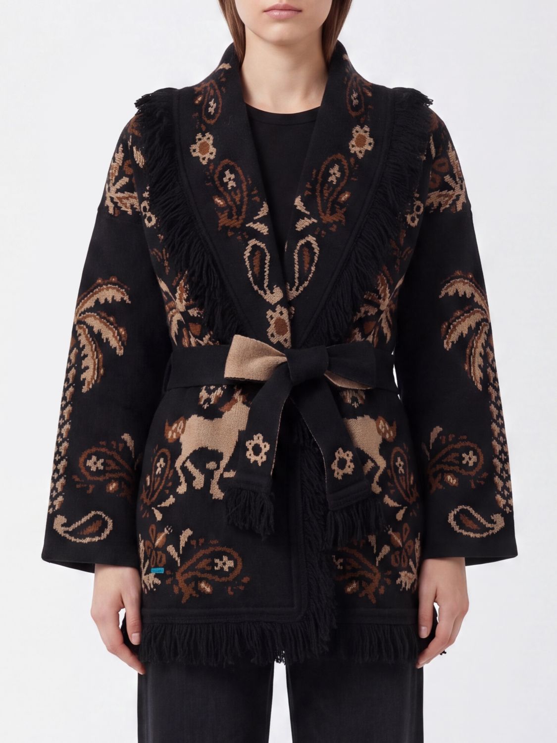 Alanui Jacquard Wool and Cashmere Blend Cardigan with Fringed Trim and Belt