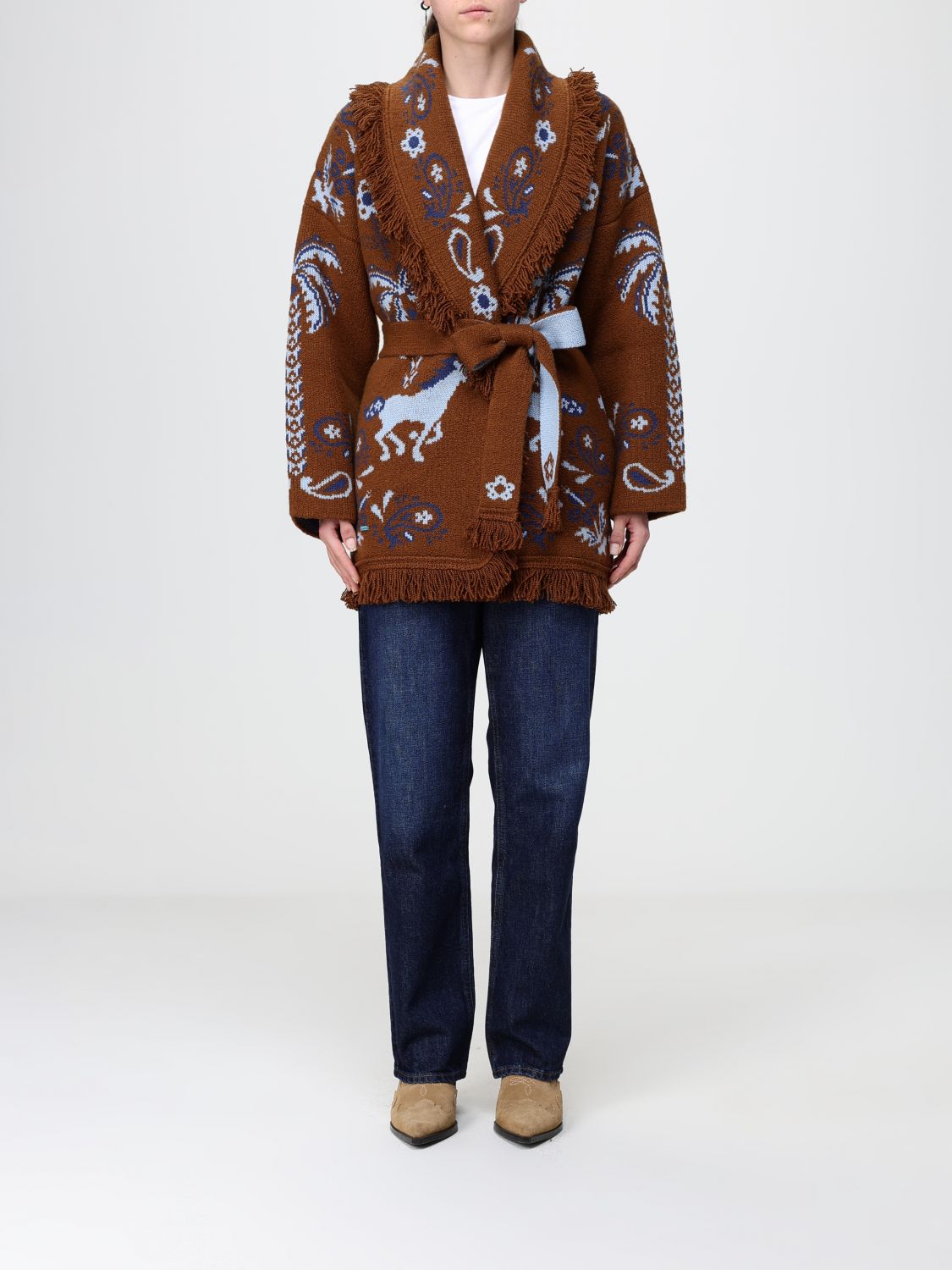 Alanui Jacquard Wool and Cashmere Blend Cardigan with Fringed Trim and Belt