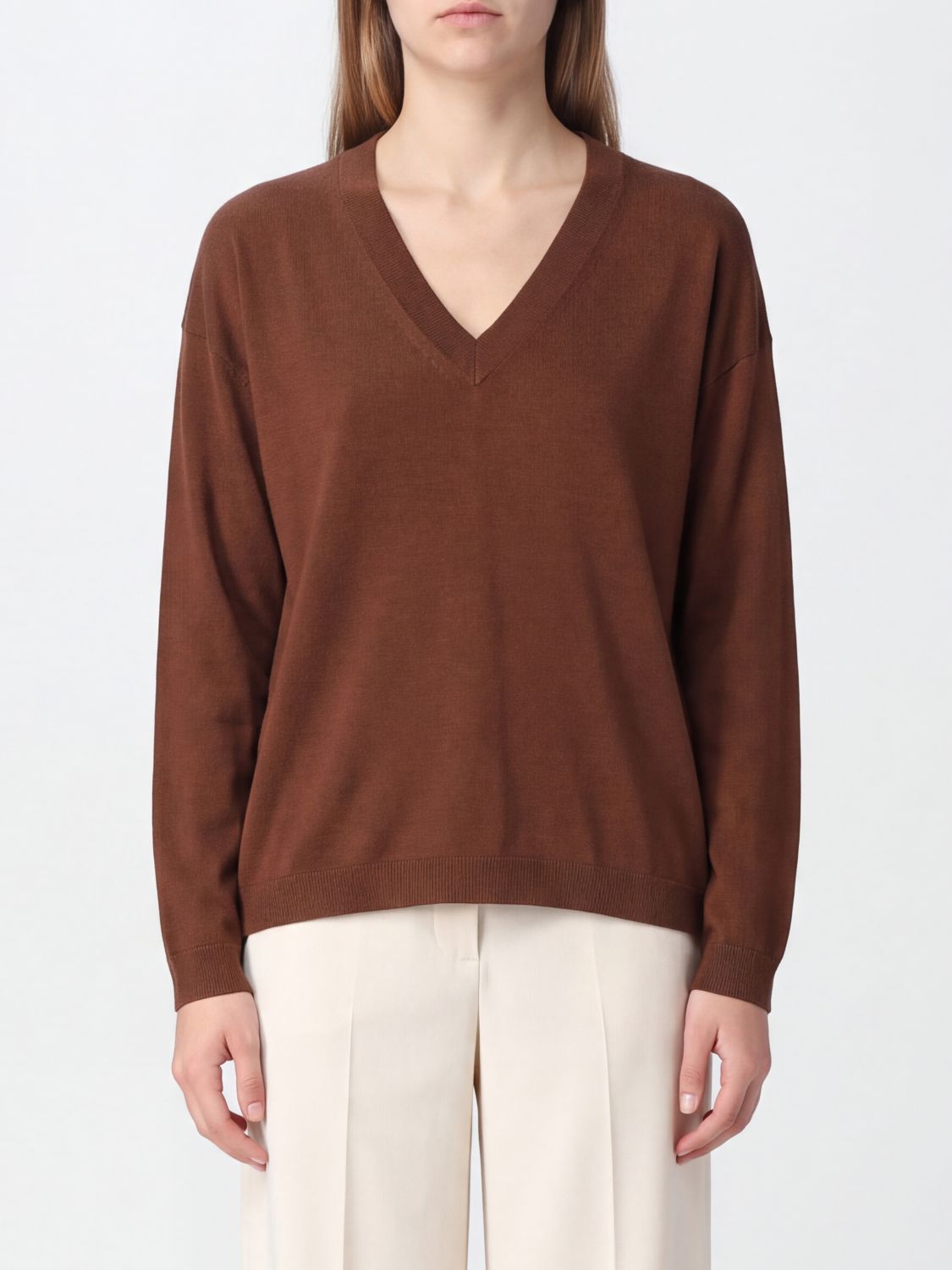 Semicouture Pure Virgin Wool V-neck Jumper With Dropped Shoulders In Brown