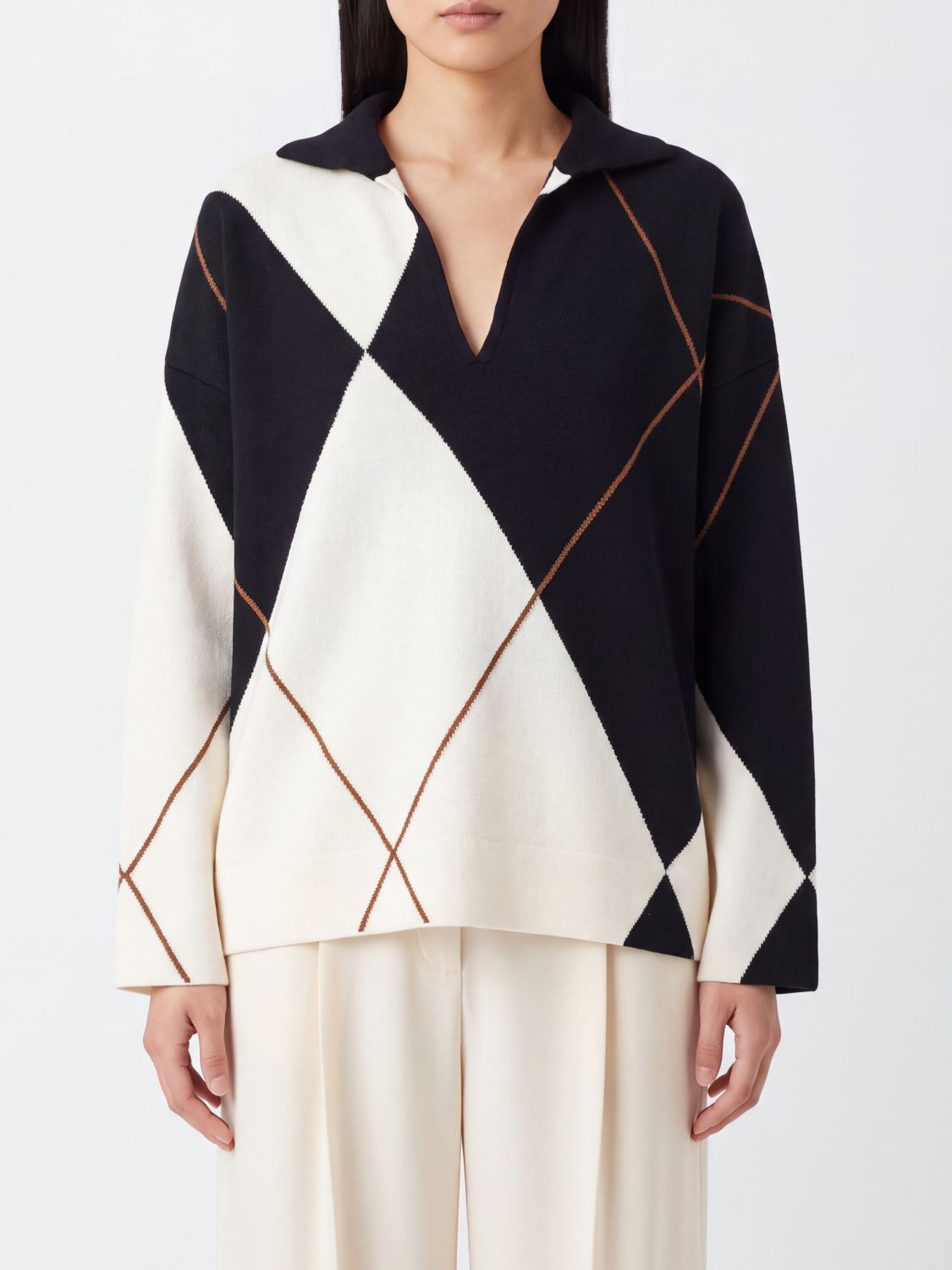 MAX MARA Polo oversize in lana a rombi con scollo a V e spalle cadute