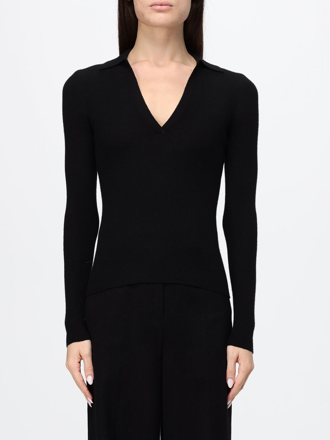 MAX MARA Polo slim fit in 100% cashmere con scollo a V e maniche lunghe