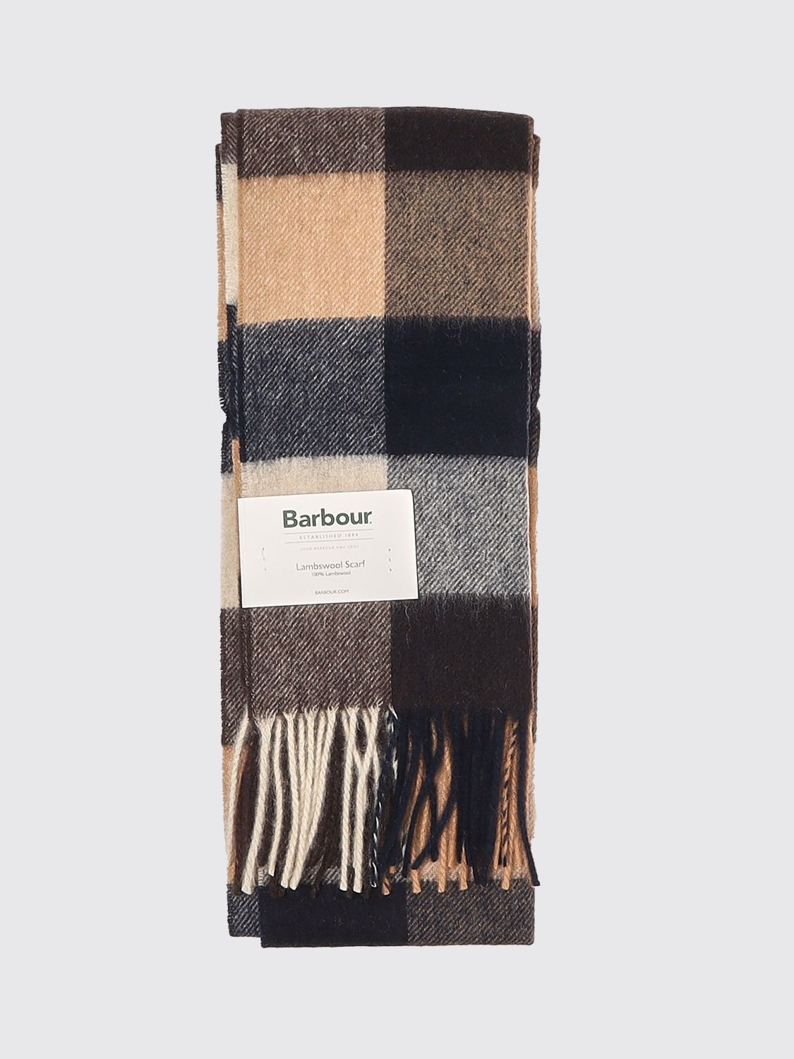BARBOUR Sciarpa in 100% lana d'agnello con motivo a quadri e frange
