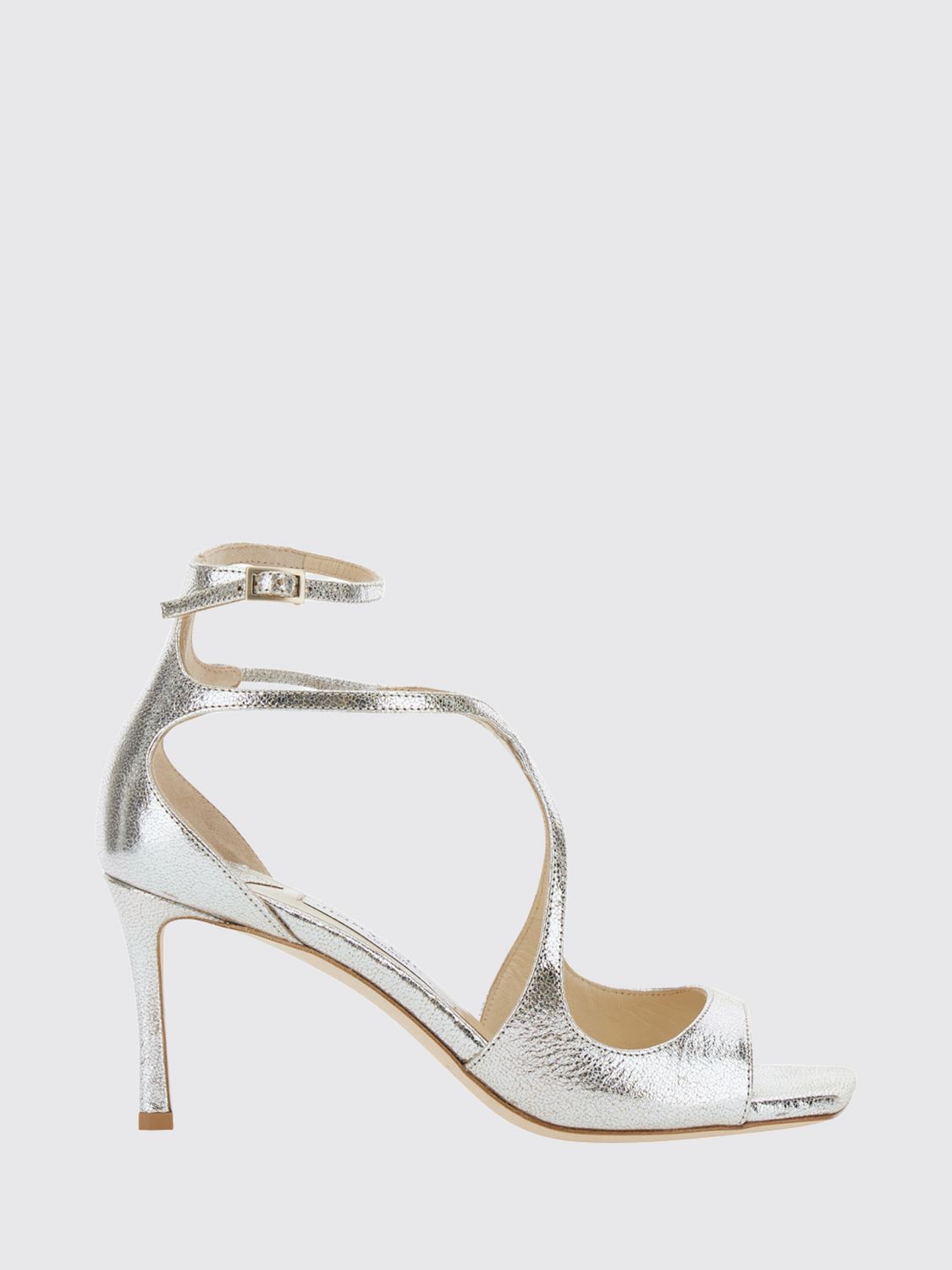 Jimmy Choo Azia Laminated Leather Sandals with Stiletto Heel and Square Toe