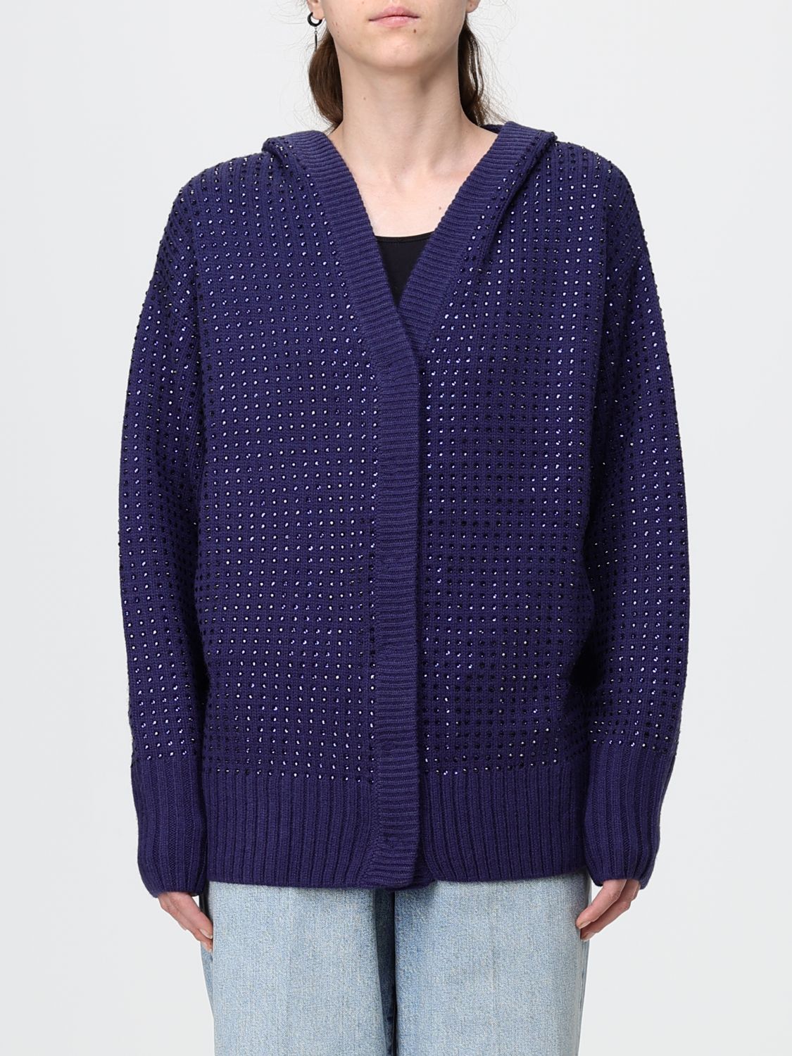 PINKO Hooded Wool-Blend Cardigan with Embroidery and Crystal Embellishments