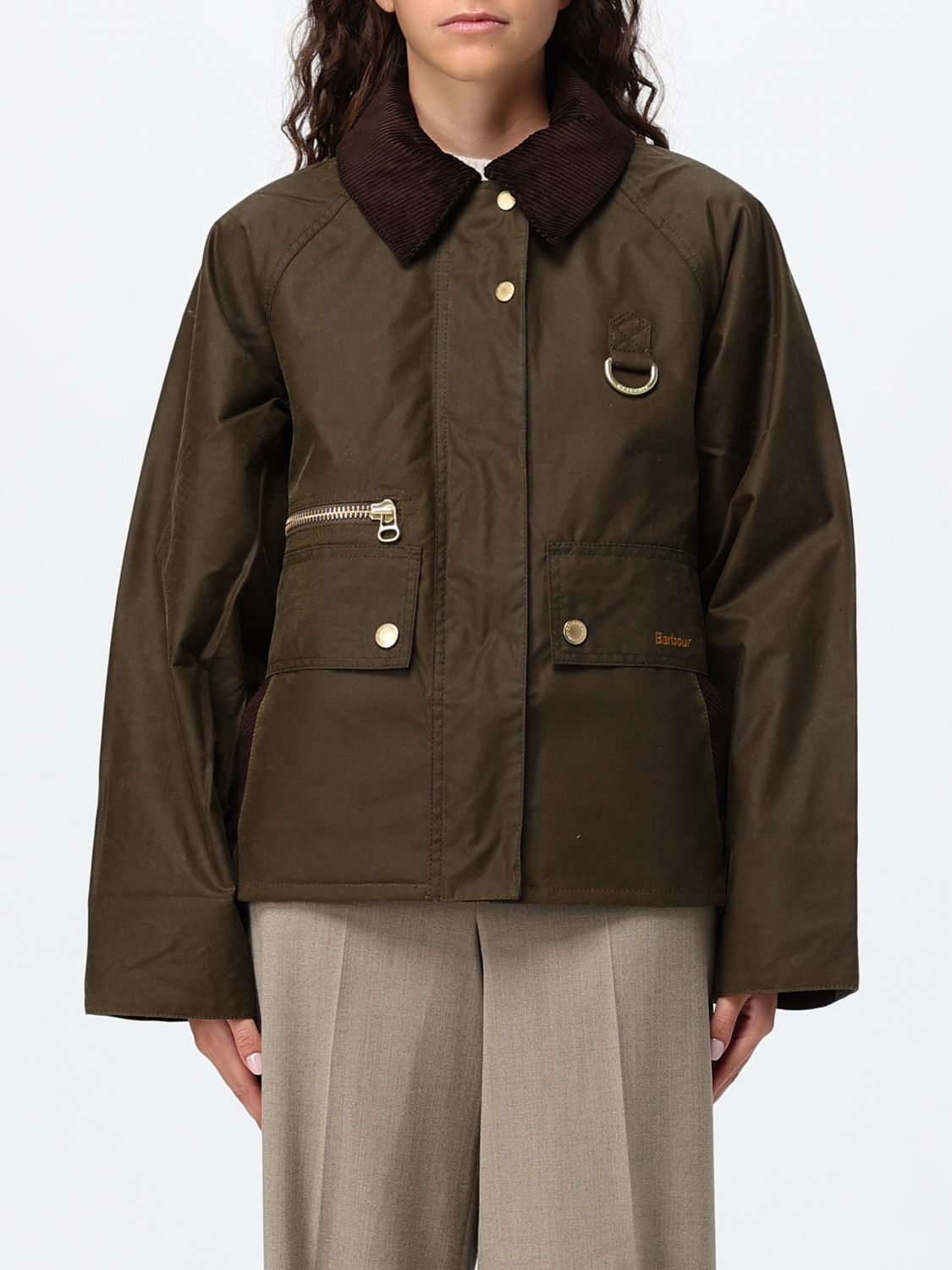 BARBOUR Giacca corta modello camicia in cotone cerato con collo in velluto