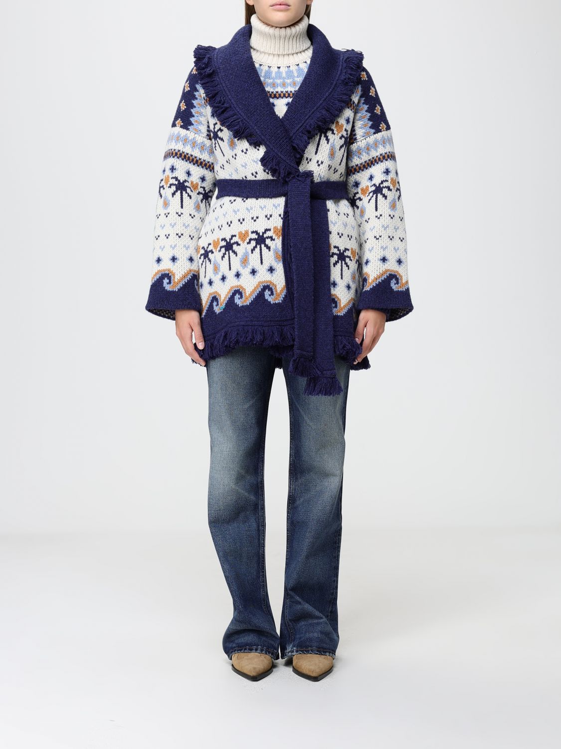 ALANUI Cardigan in lana vergine jacquard con collo a scialle, frange e cintura
