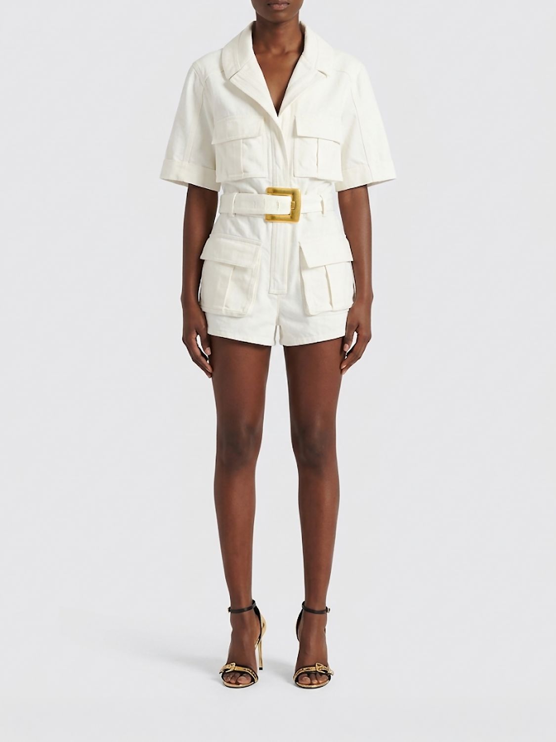 BALMAIN Kurzer Jumpsuit aus Baumwolle im Hemdblusenstil mit Gürtel