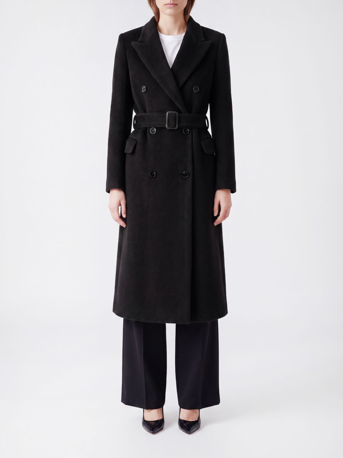 TAGLIATORE Double-Breasted Long Cotton Cloth Coat with Waist Belt