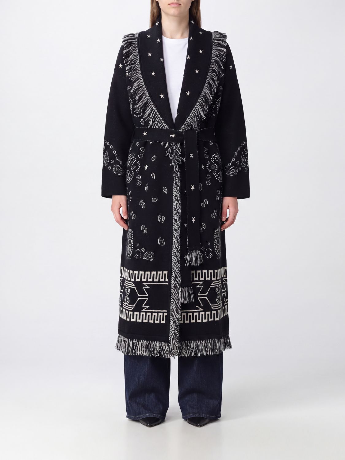 Alanui Long Jacquard Virgin Wool Robe Cardigan with Fringes