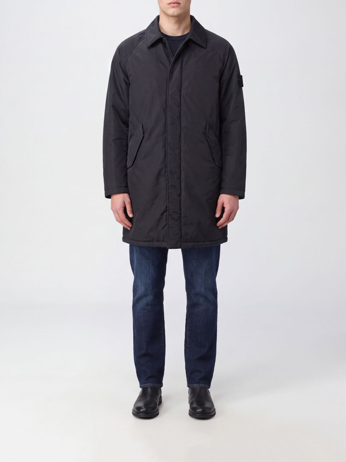 STONE ISLAND Einreihiger, knielanger Trenchcoat aus Nylon mit Logo-Patch