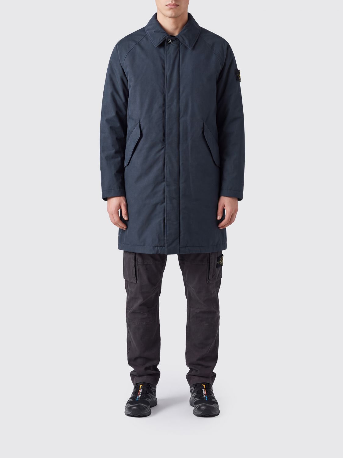 STONE ISLAND Single-Breasted Knee-Length Trench Coat in Nylon with Logo Patch
