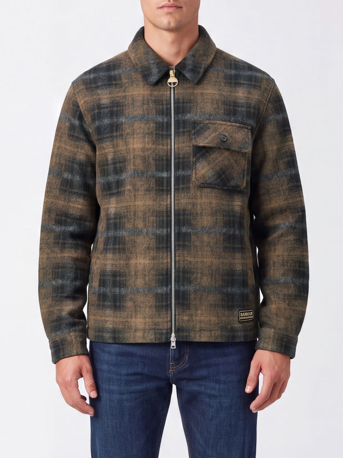 Barbour Check Pattern Wool-Blend Overshirt with Zip Closure