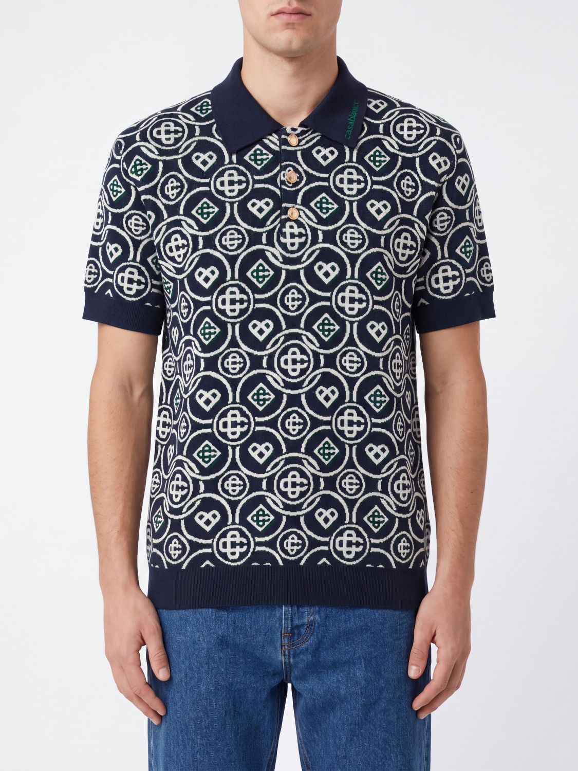 Casablanca Knitted Cotton Polo Shirt with Contrast Logo and Ribbed Trims · L