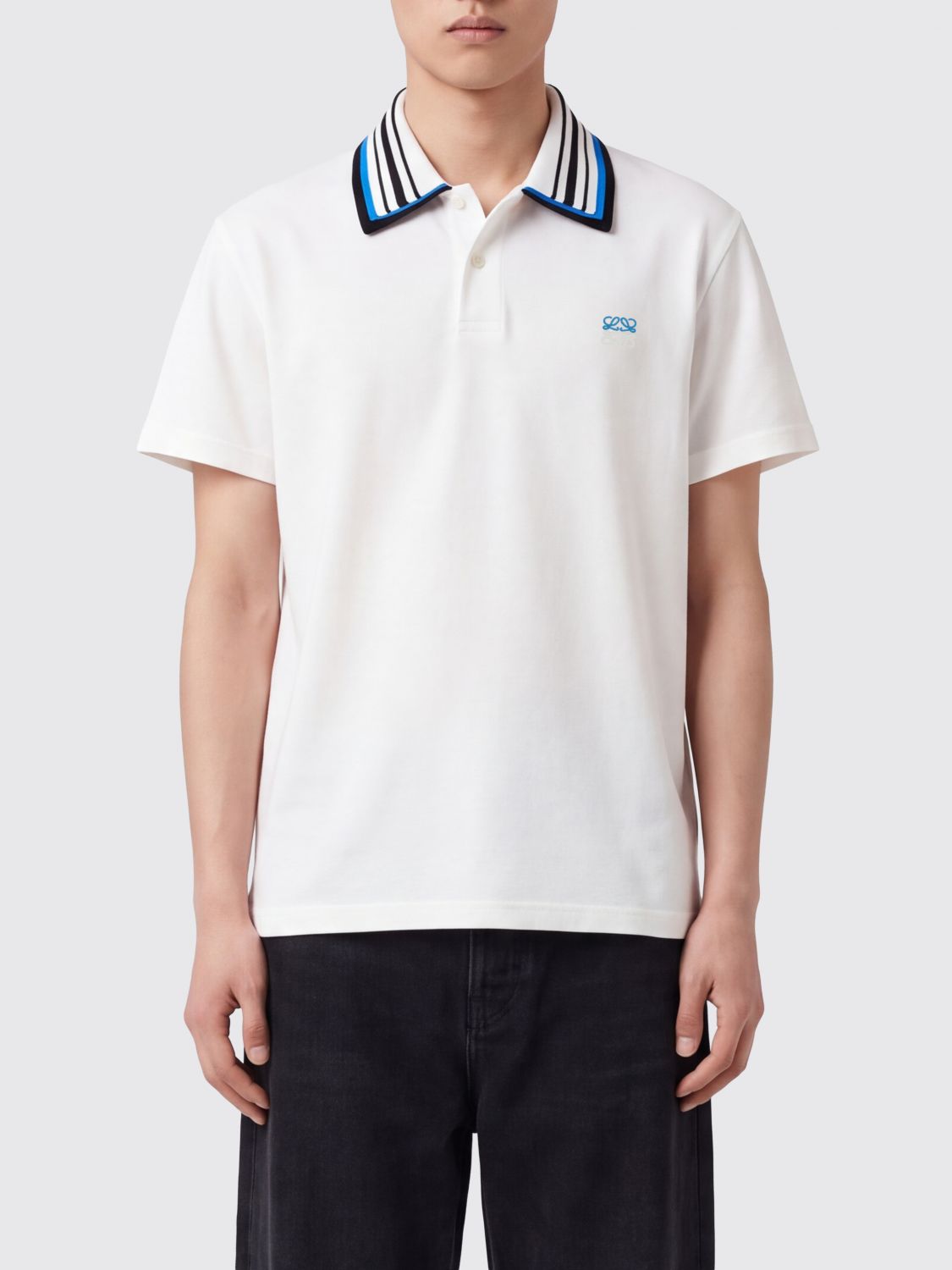 LOEWE Short-Sleeved Cotton Polo Shirt with Contrast Logo and Striped Collar