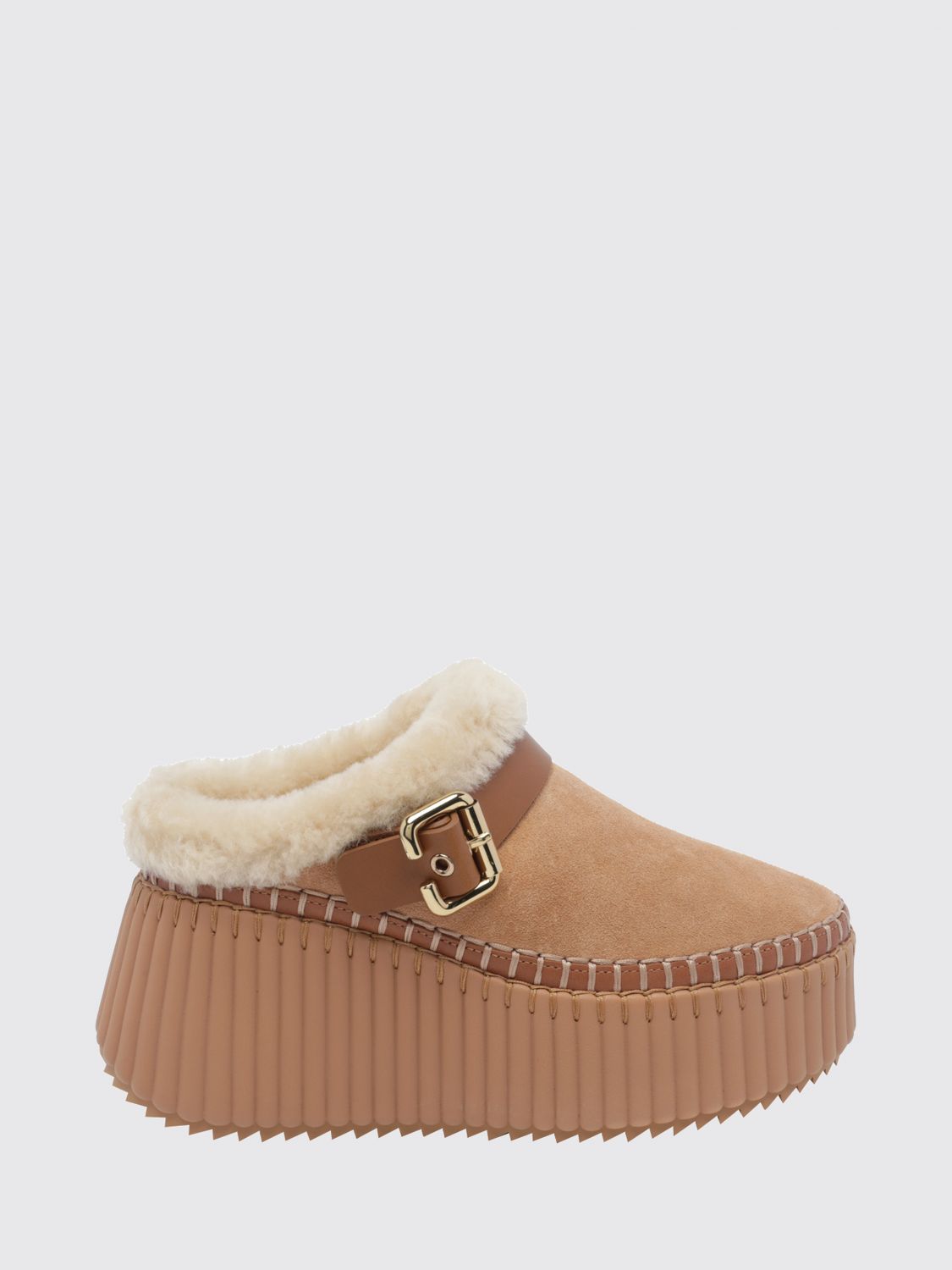 Chloé Nama Suede and Shearling High-Heeled Platform Mules