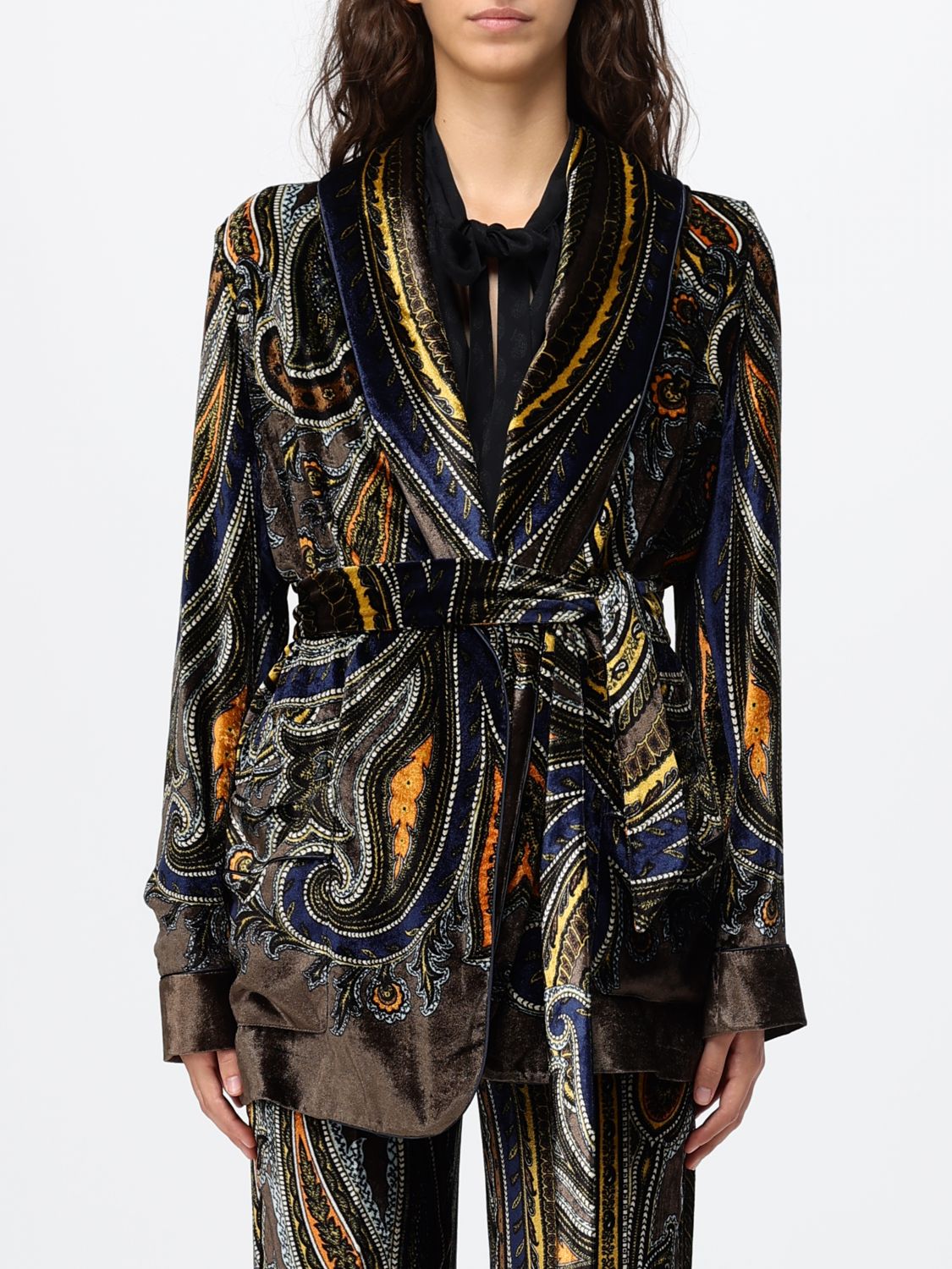 ETRO Short Robe-Style Velvet Blazer with Ethnic Pattern and Belt